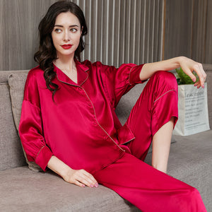 Heavy silk pajamas women's summer solid-colored long-sleeved trousers mulberry silk loose house dress two-piece set spring and autumn