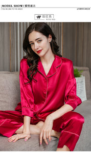 Heavy silk pajamas women's summer solid-colored long-sleeved trousers mulberry silk loose house dress two-piece set spring and autumn