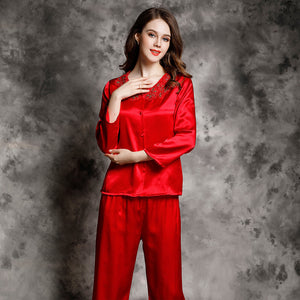 Spring and autumn 100% silk pajamas women's summer two piece set of silk lace home clothes silk long sleeve split suit