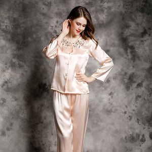 Spring and autumn 100% silk pajamas women's summer two piece set of silk lace home clothes silk long sleeve split suit