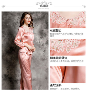 Spring and autumn 100% silk pajamas women's summer two piece set of silk lace home clothes silk long sleeve split suit