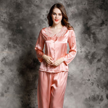 Spring and autumn 100% silk pajamas women's summer two piece set of silk lace home clothes silk long sleeve split suit