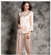 Spring and autumn 100% silk pajamas women's summer two piece set of silk lace home clothes silk long sleeve split suit