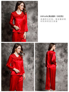 Spring and autumn 100% silk pajamas women's summer two piece set of silk lace home clothes silk long sleeve split suit