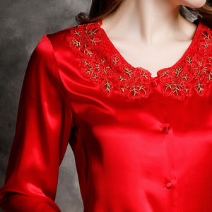 Spring and autumn 100% silk pajamas women's summer two piece set of silk lace home clothes silk long sleeve split suit