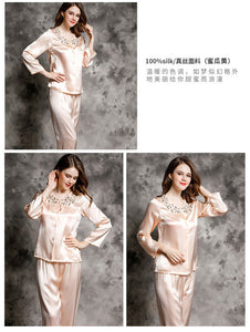 Spring and autumn 100% silk pajamas women's summer two piece set of silk lace home clothes silk long sleeve split suit