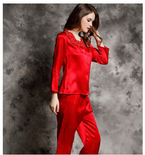 Spring and autumn 100% silk pajamas women's summer two piece set of silk lace home clothes silk long sleeve split suit