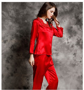 Spring and autumn 100% silk pajamas women's summer two piece set of silk lace home clothes silk long sleeve split suit