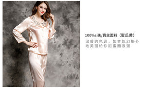 Spring and autumn 100% silk pajamas women's summer two piece set of silk lace home clothes silk long sleeve split suit