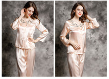 Spring and autumn 100% silk pajamas women's summer two piece set of silk lace home clothes silk long sleeve split suit