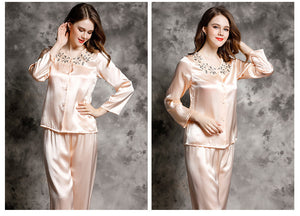 Spring and autumn 100% silk pajamas women's summer two piece set of silk lace home clothes silk long sleeve split suit