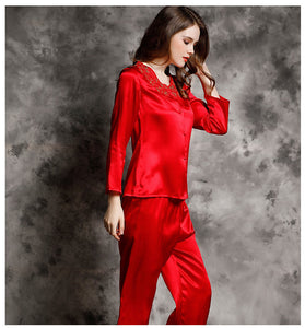 Spring and autumn 100% silk pajamas women's summer two piece set of silk lace home clothes silk long sleeve split suit