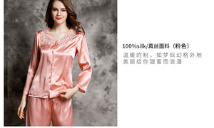 Spring and autumn 100% silk pajamas women's summer two piece set of silk lace home clothes silk long sleeve split suit