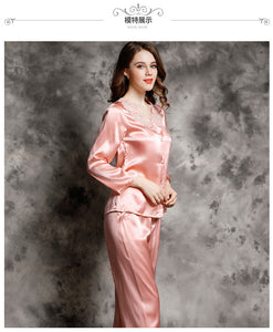 Spring and autumn 100% silk pajamas women's summer two piece set of silk lace home clothes silk long sleeve split suit