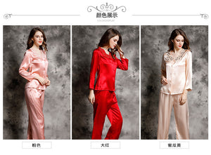 Spring and autumn 100% silk pajamas women's summer two piece set of silk lace home clothes silk long sleeve split suit