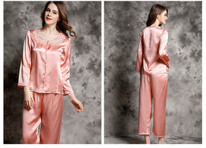 Spring and autumn 100% silk pajamas women's summer two piece set of silk lace home clothes silk long sleeve split suit