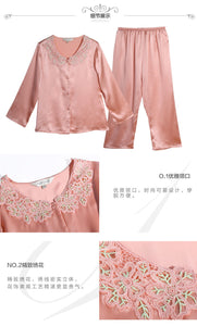 Spring and autumn 100% silk pajamas women's summer two piece set of silk lace home clothes silk long sleeve split suit