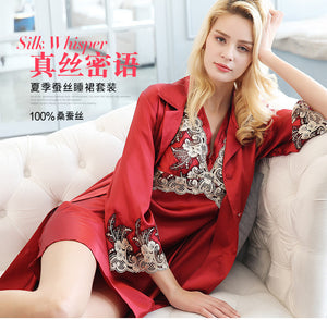 Silk pajamas women's summer two-piece sexy lace spring fall split body long-sleeved 100% silk silk dressing gown set