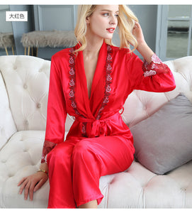 Silk pajamas women spring and autumn silk silk silk long-sleeved big red wedding festive home dress two-piece set summer