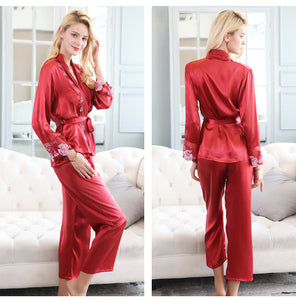 Silk pajamas women spring and autumn silk silk silk long-sleeved big red wedding festive home dress two-piece set summer