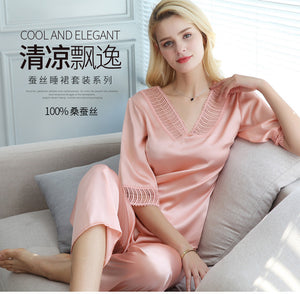 Manufacturer wholesales SILK PAJAMA suit women's simple V-neck in spring and summer 100% Silk home clothes with seven sleeves