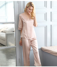 Manufacturer wholesales SILK PAJAMA suit women's simple V-neck in spring and summer 100% Silk home clothes with seven sleeves