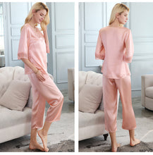 Manufacturer wholesales SILK PAJAMA suit women's simple V-neck in spring and summer 100% Silk home clothes with seven sleeves