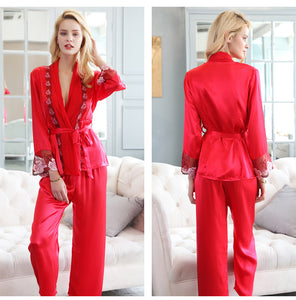 Silk pajamas women spring and autumn silk silk silk long-sleeved big red wedding festive home dress two-piece set summer