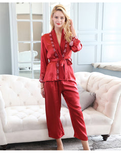 Silk pajamas women spring and autumn silk silk silk long-sleeved big red wedding festive home dress two-piece set summer